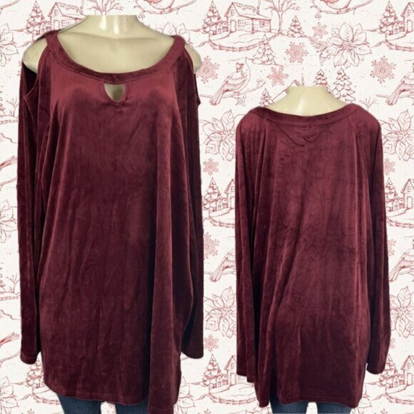 Woman Within Tops - Woman Within +26/28 Maroon Velour KeyHole Neck Cold Shoulder Long Sleeve Top